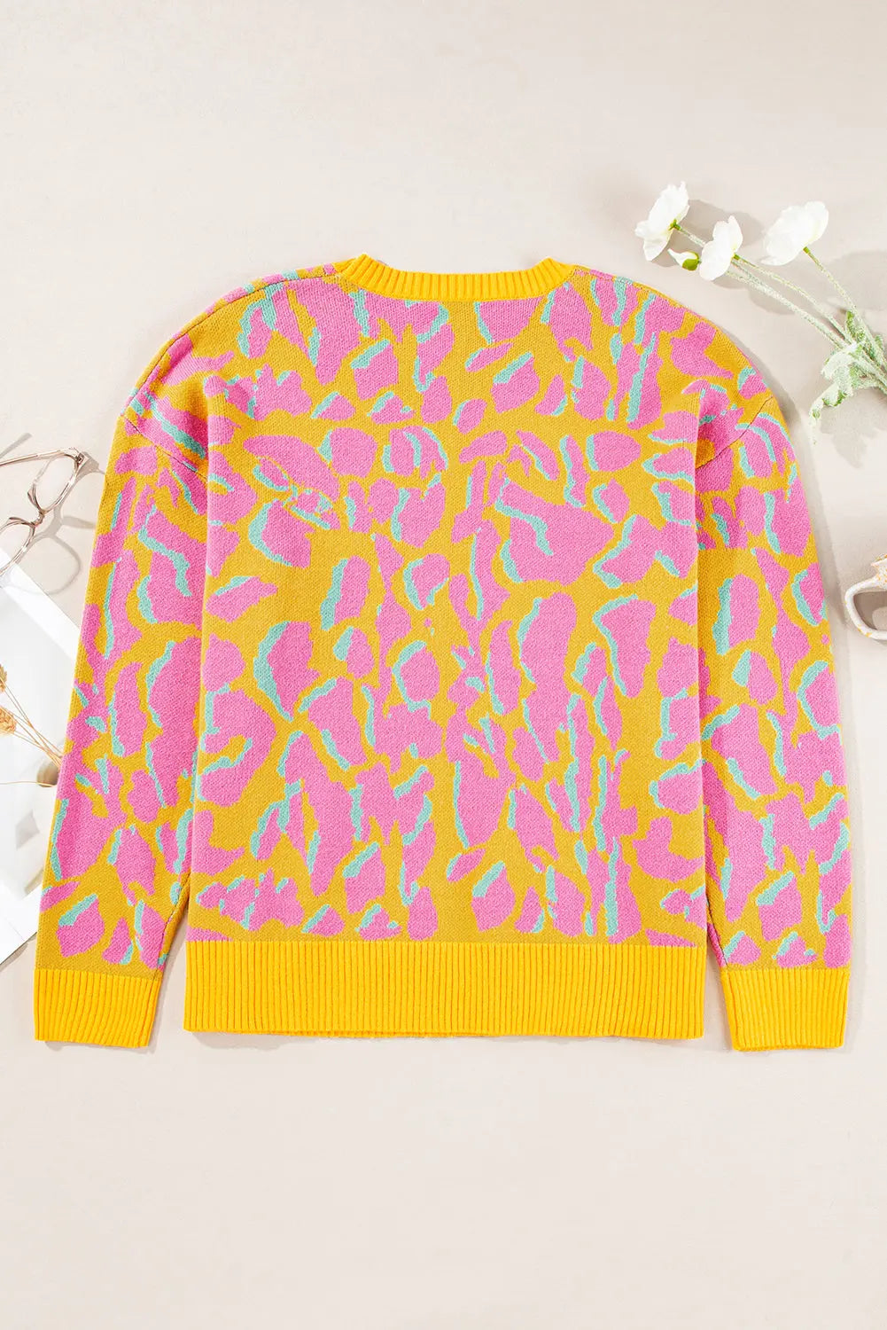 Green Abstract Print Ribbed Trim Baggy Sweater - eAura