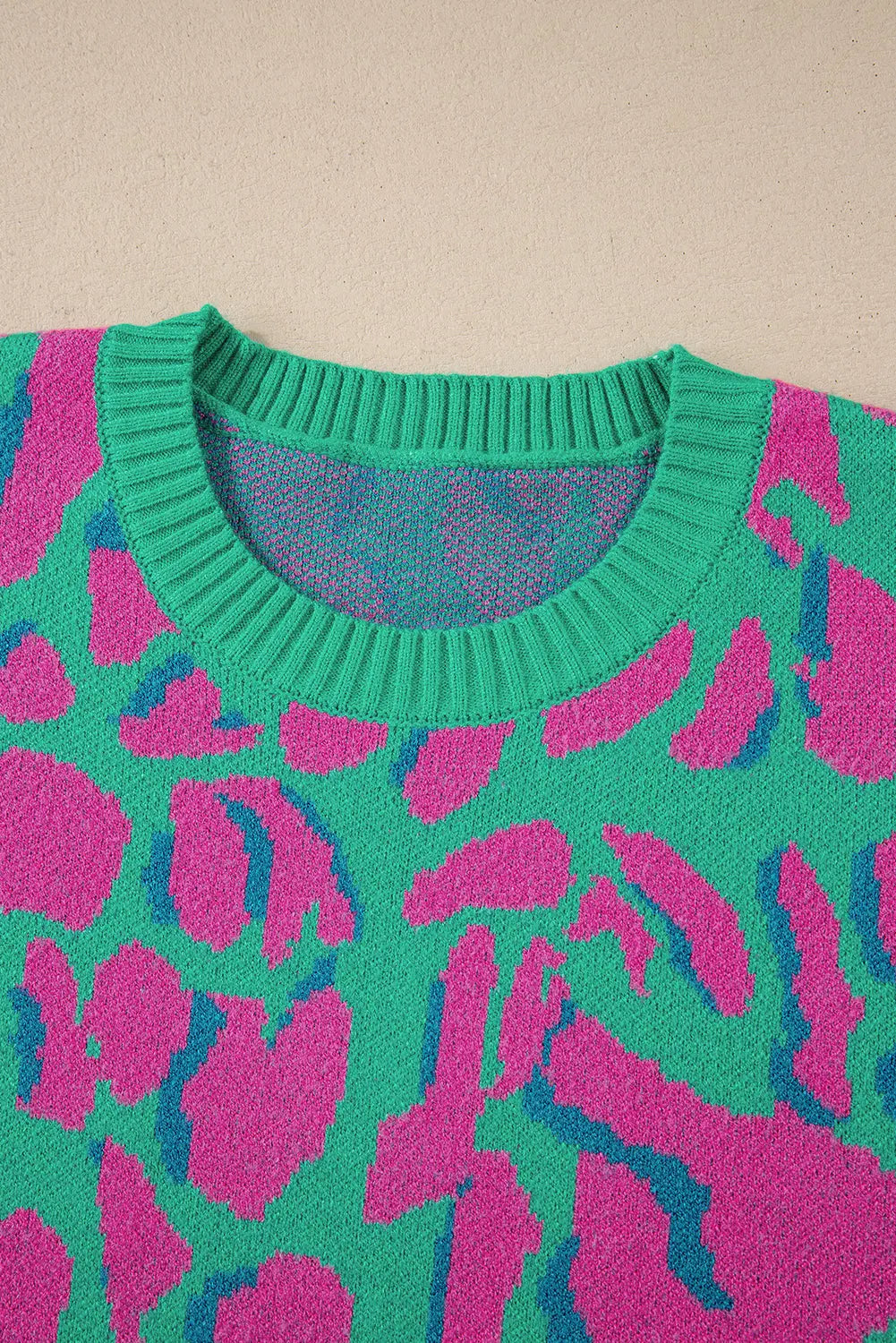Green Abstract Print Ribbed Trim Baggy Sweater - eAura