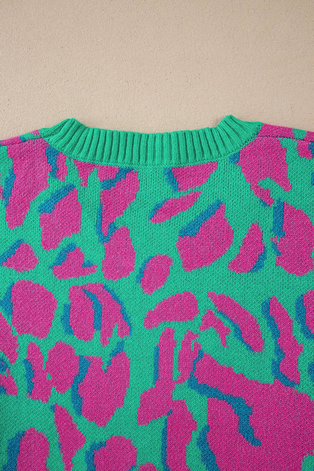 Green Abstract Print Ribbed Trim Baggy Sweater - eAura