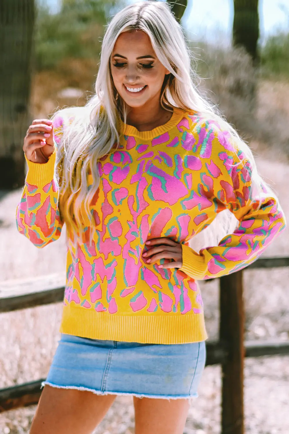 Green Abstract Print Ribbed Trim Baggy Sweater - eAura