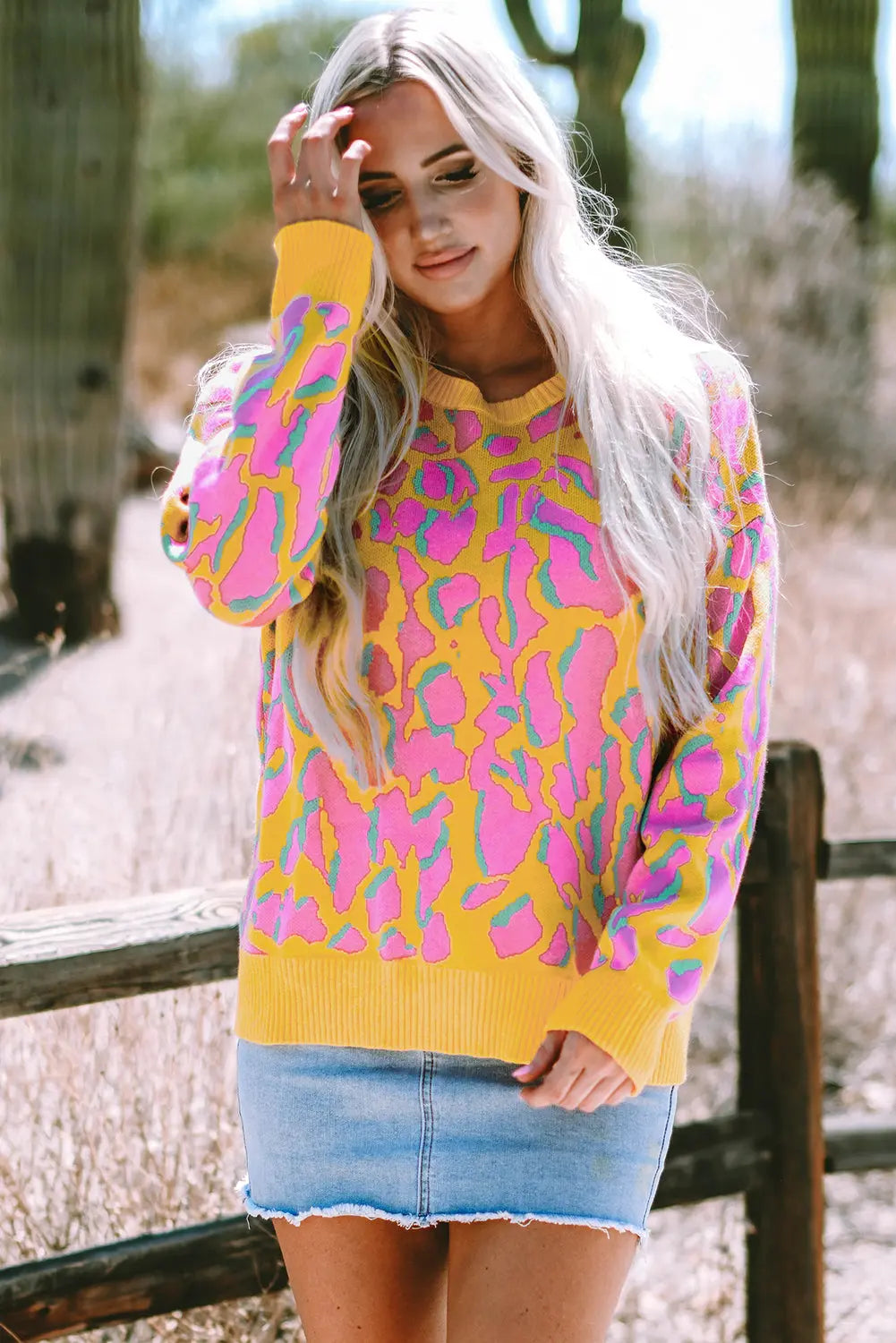 Green Abstract Print Ribbed Trim Baggy Sweater - eAura