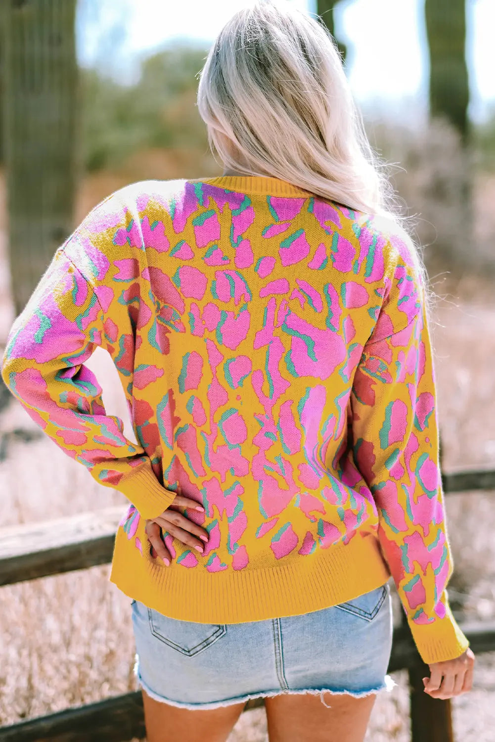 Green Abstract Print Ribbed Trim Baggy Sweater - eAura