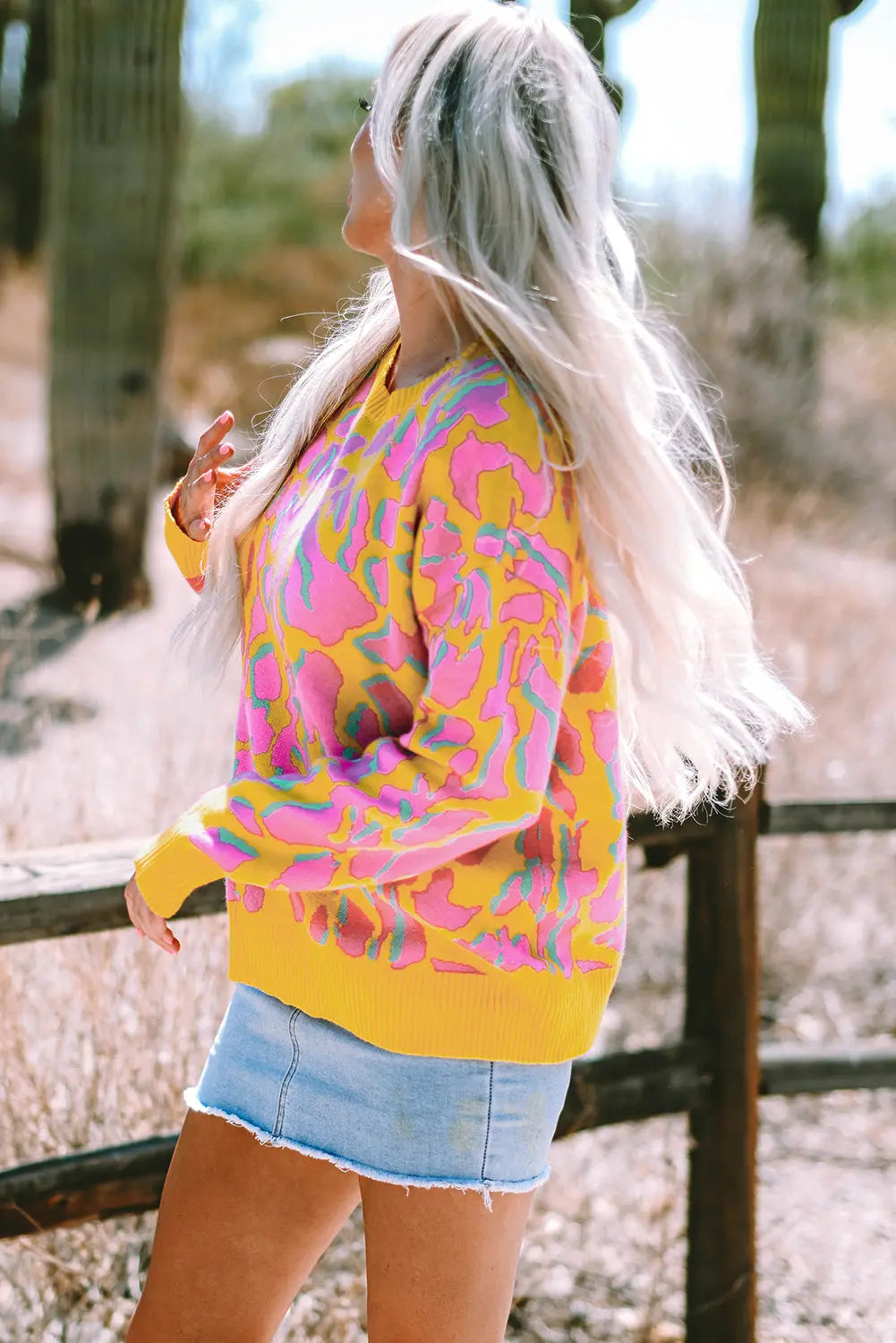 Green Abstract Print Ribbed Trim Baggy Sweater - eAura