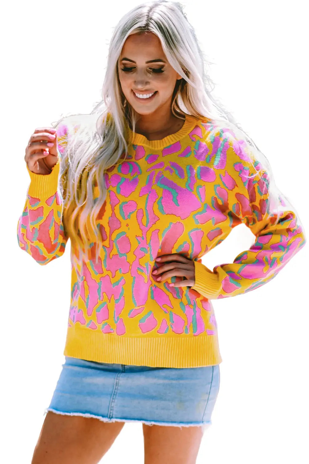 Green Abstract Print Ribbed Trim Baggy Sweater - eAura