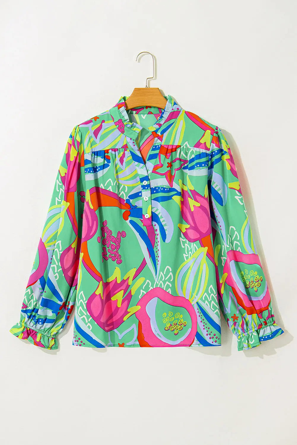 Green Abstract Printed Flounce Sleeve V Neck Buttoned Plus Size Blouse - BB Fashion Outlet