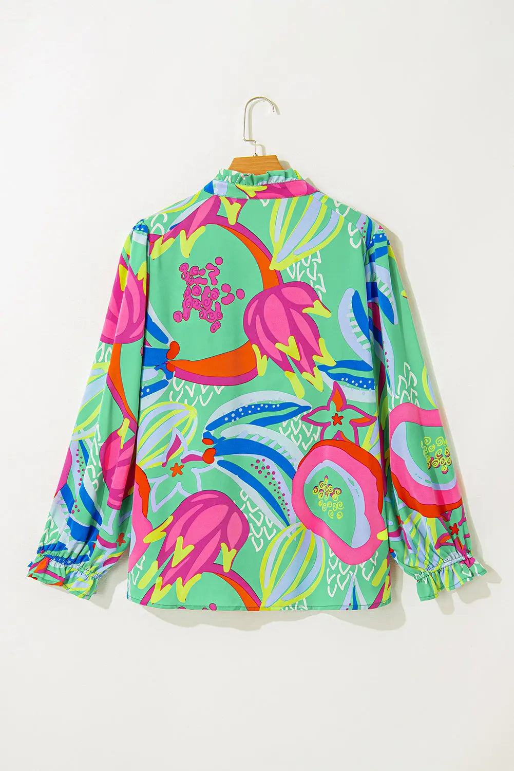 Green Abstract Printed Flounce Sleeve V Neck Buttoned Plus Size Blouse - BB Fashion Outlet