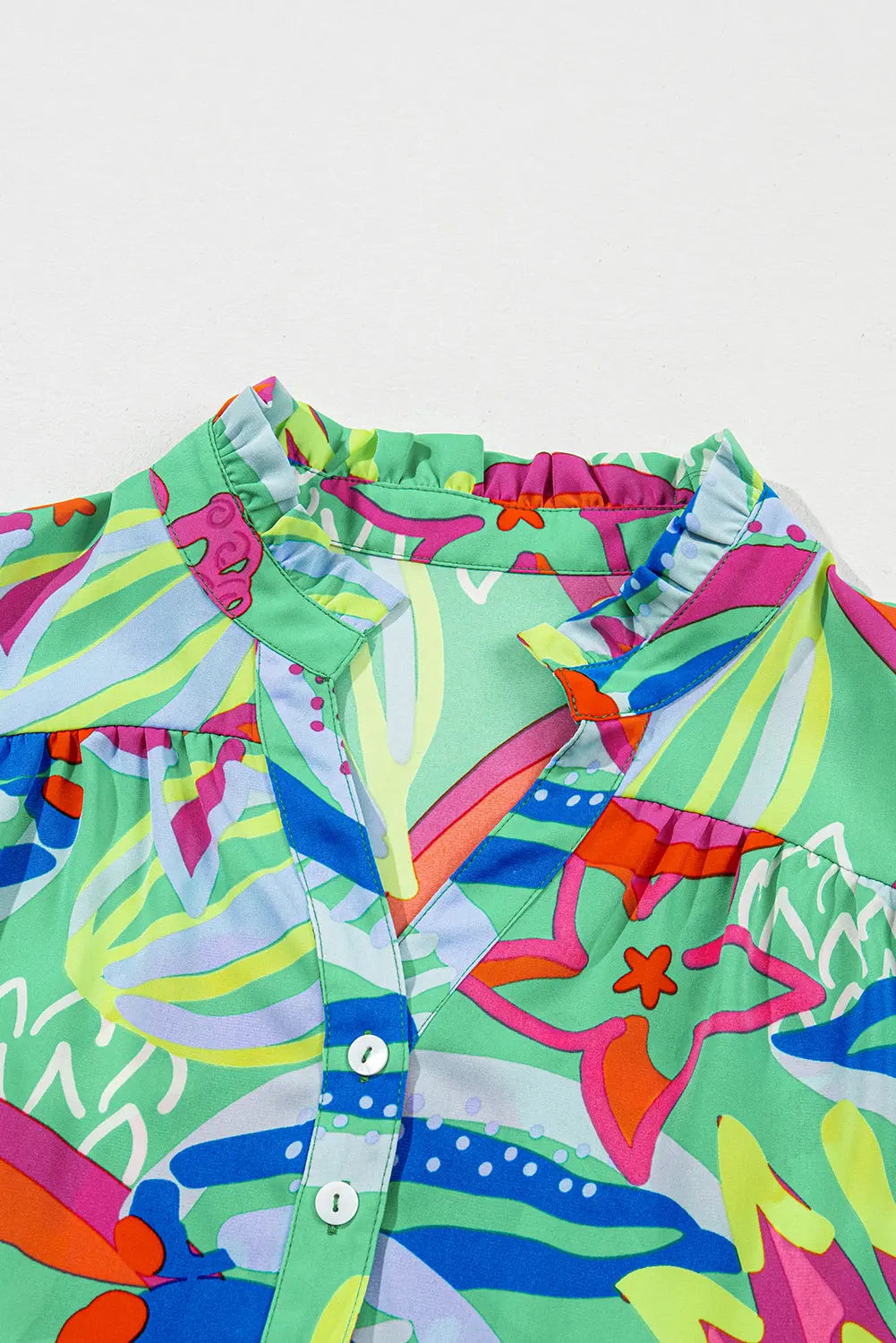 Green Abstract Printed Flounce Sleeve V Neck Buttoned Plus Size Blouse - BB Fashion Outlet