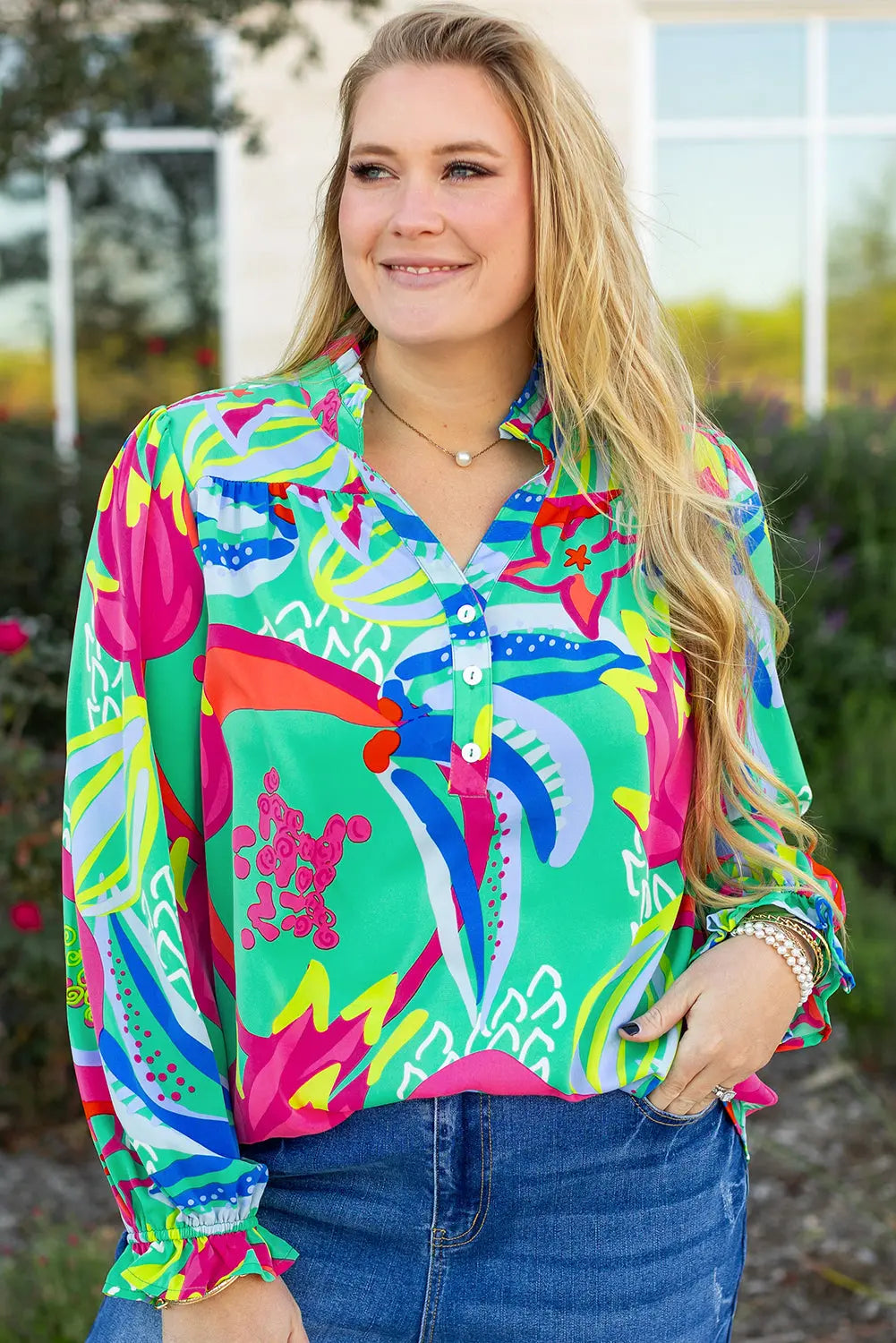Green Abstract Printed Flounce Sleeve V Neck Buttoned Plus Size Blouse - BB Fashion Outlet