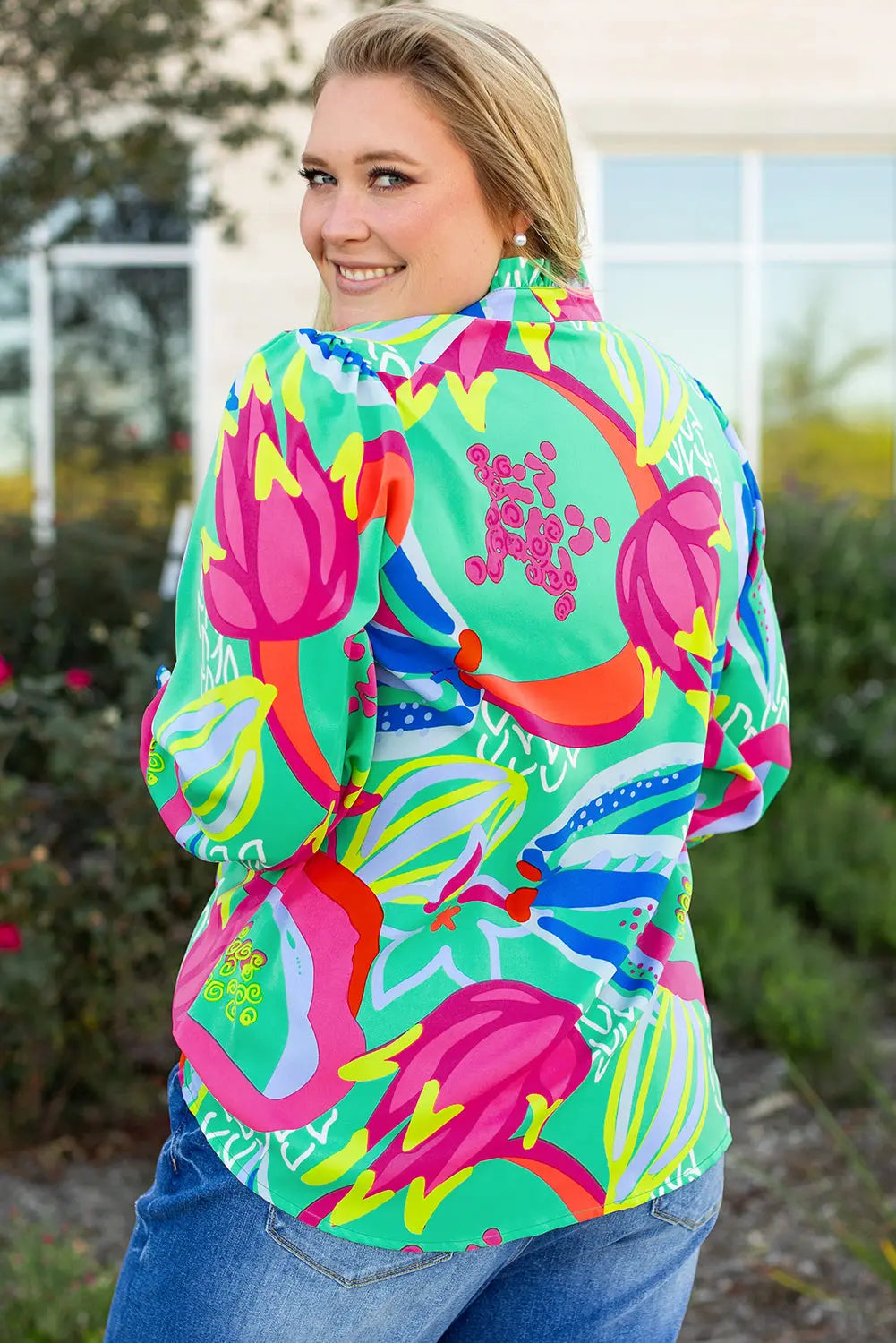 Green Abstract Printed Flounce Sleeve V Neck Buttoned Plus Size Blouse - BB Fashion Outlet