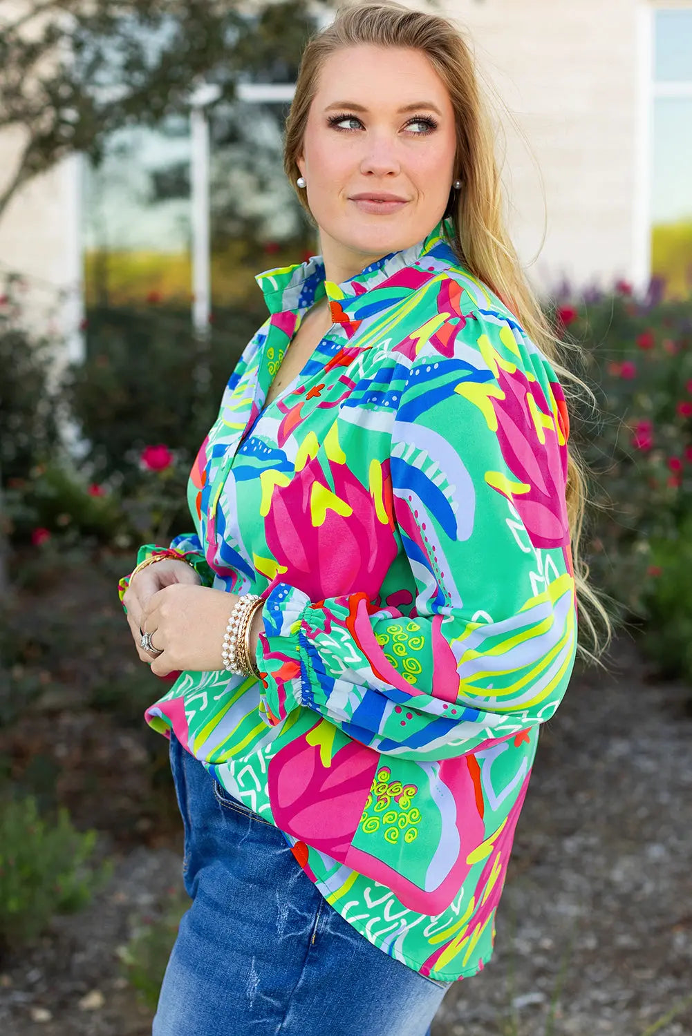 Green Abstract Printed Flounce Sleeve V Neck Buttoned Plus Size Blouse - BB Fashion Outlet