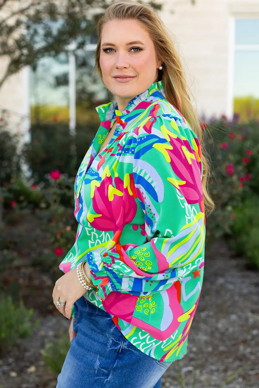 Green Abstract Printed Flounce Sleeve V Neck Buttoned Plus Size Blouse - BB Fashion Outlet