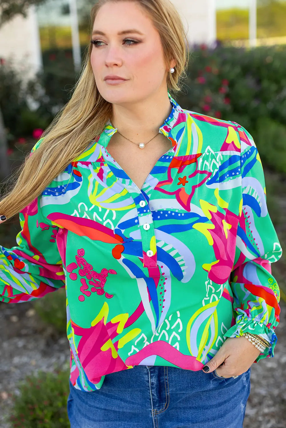 Green Abstract Printed Flounce Sleeve V Neck Buttoned Plus Size Blouse - BB Fashion Outlet