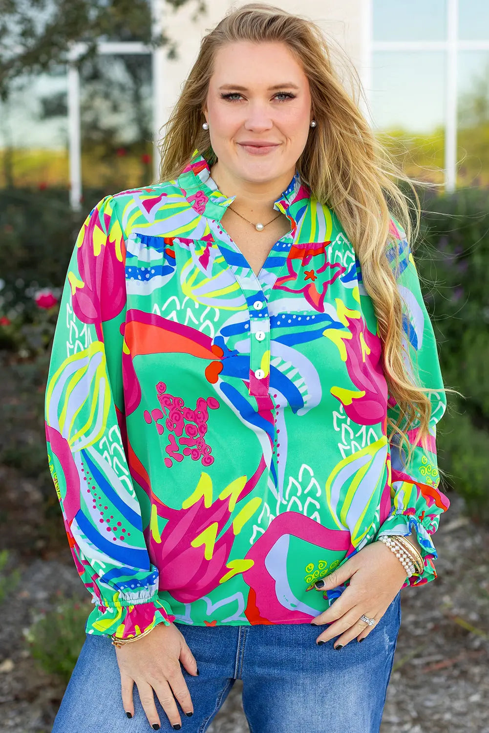 Green Abstract Printed Flounce Sleeve V Neck Buttoned Plus Size Blouse - BB Fashion Outlet