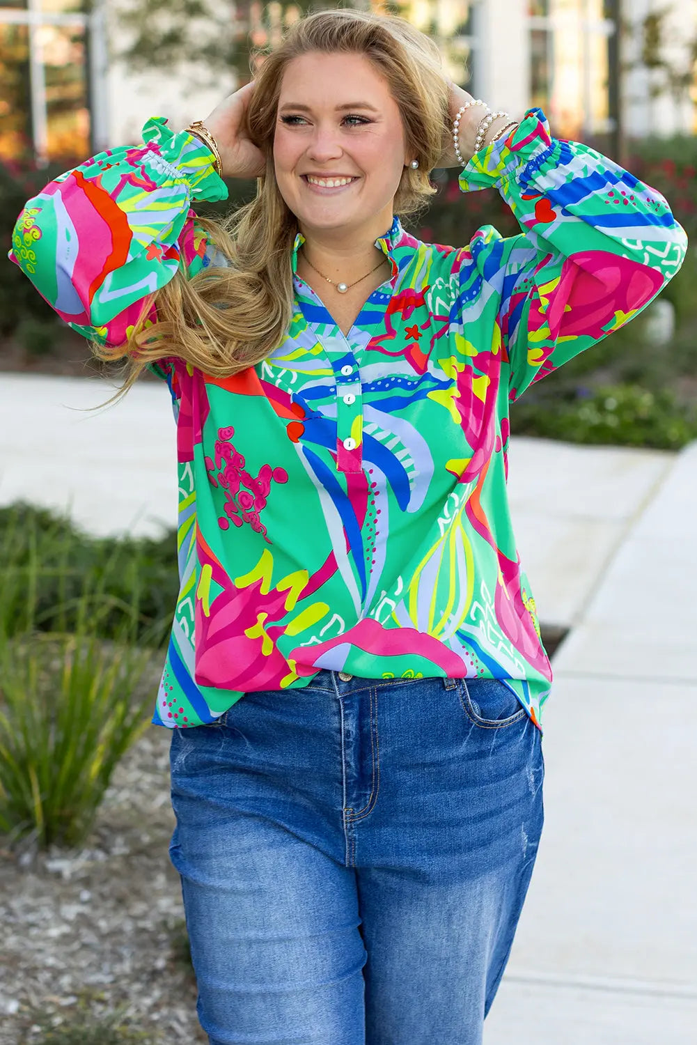 Green Abstract Printed Flounce Sleeve V Neck Buttoned Plus Size Blouse - BB Fashion Outlet