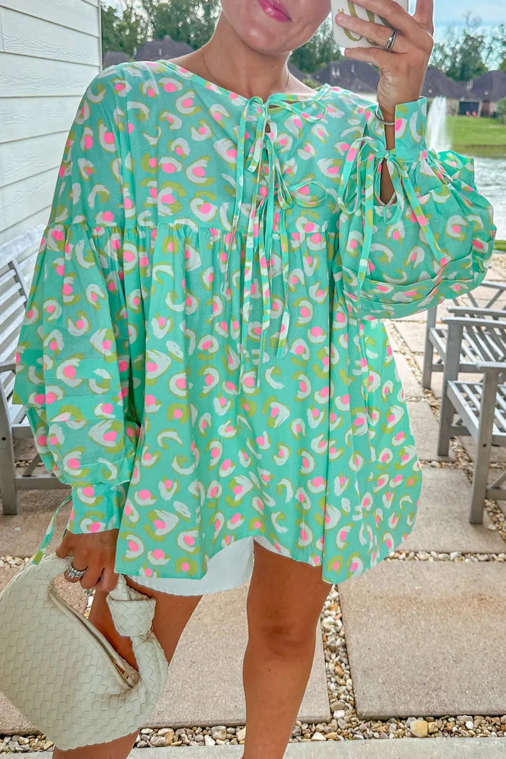 Green Abstract Printed Lace-up Lantern Sleeve Babydoll Blouse - BB Fashion Outlet