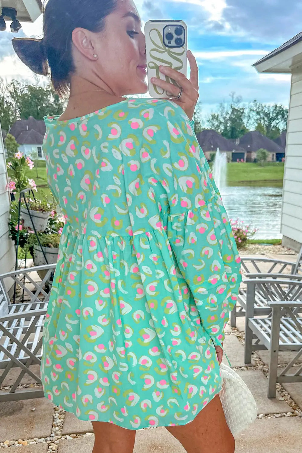 Green Abstract Printed Lace-up Lantern Sleeve Babydoll Blouse - BB Fashion Outlet