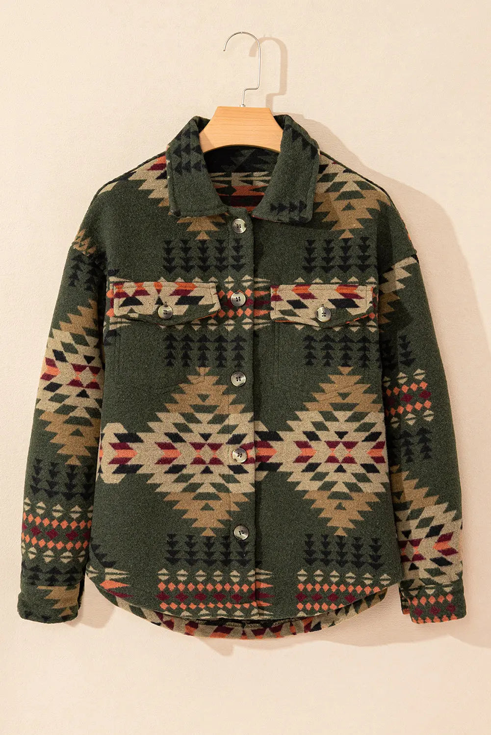 Green Aztec Print Flap Pockets Long Sleeve Shacket eAura