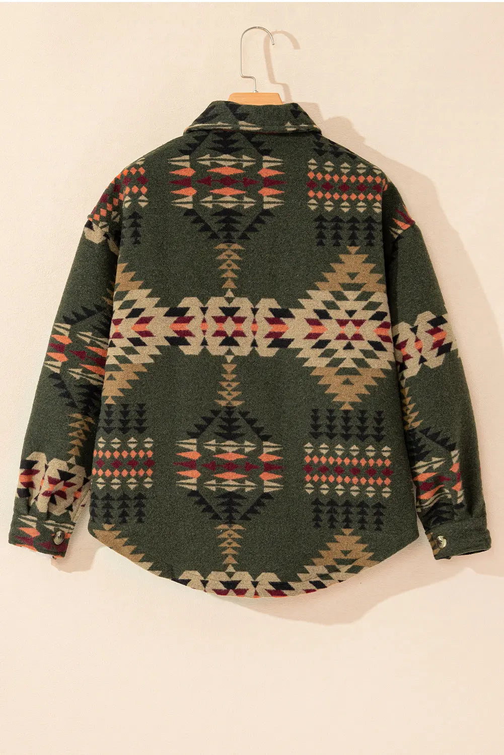 Green Aztec Print Flap Pockets Long Sleeve Shacket eAura