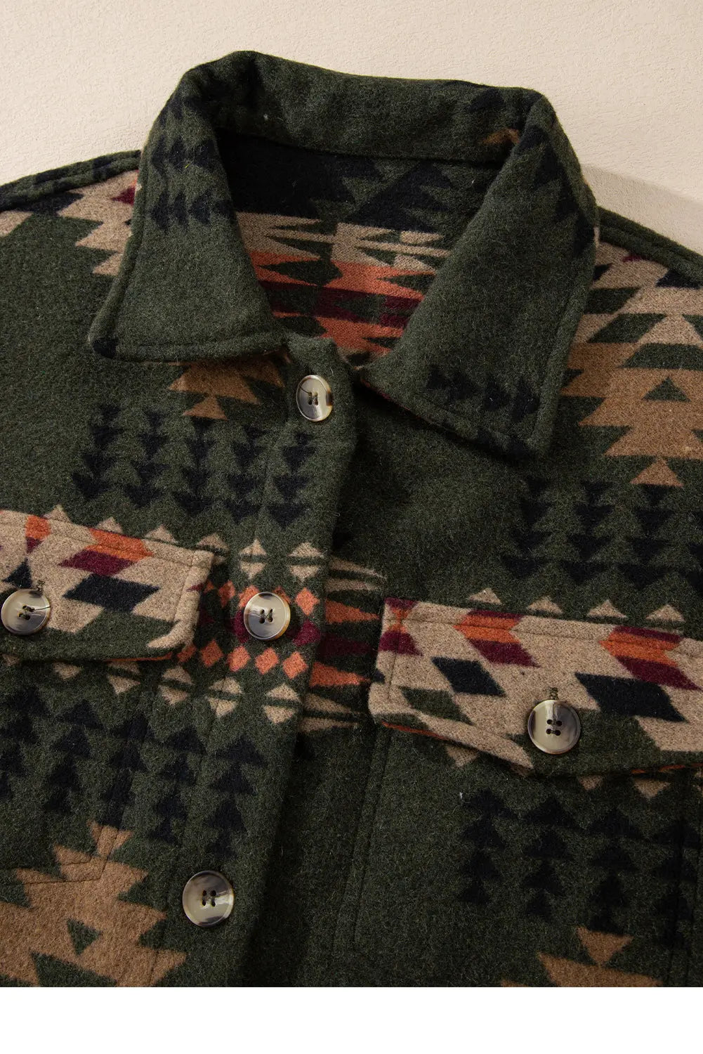 Green Aztec Print Flap Pockets Long Sleeve Shacket eAura