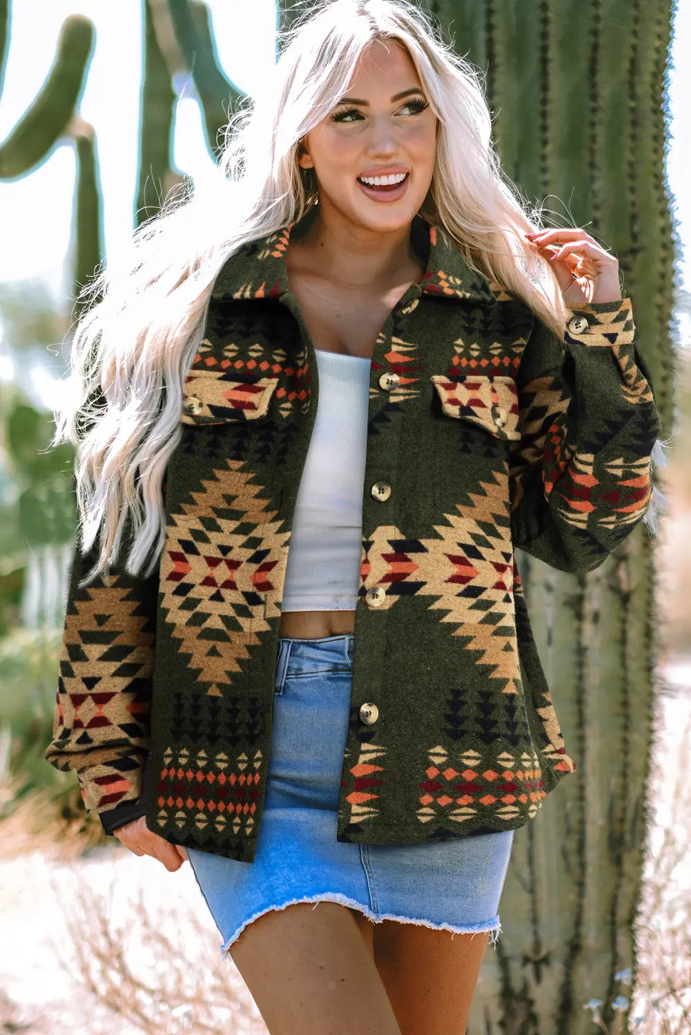 Green Aztec Print Flap Pockets Long Sleeve Shacket eAura