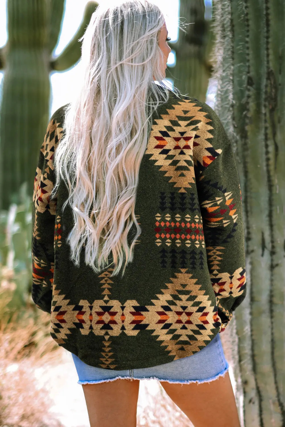Green Aztec Print Flap Pockets Long Sleeve Shacket eAura