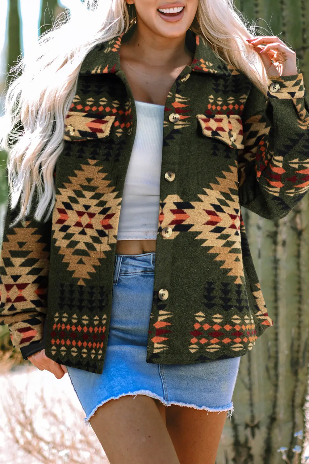 Green Aztec Print Flap Pockets Long Sleeve Shacket eAura