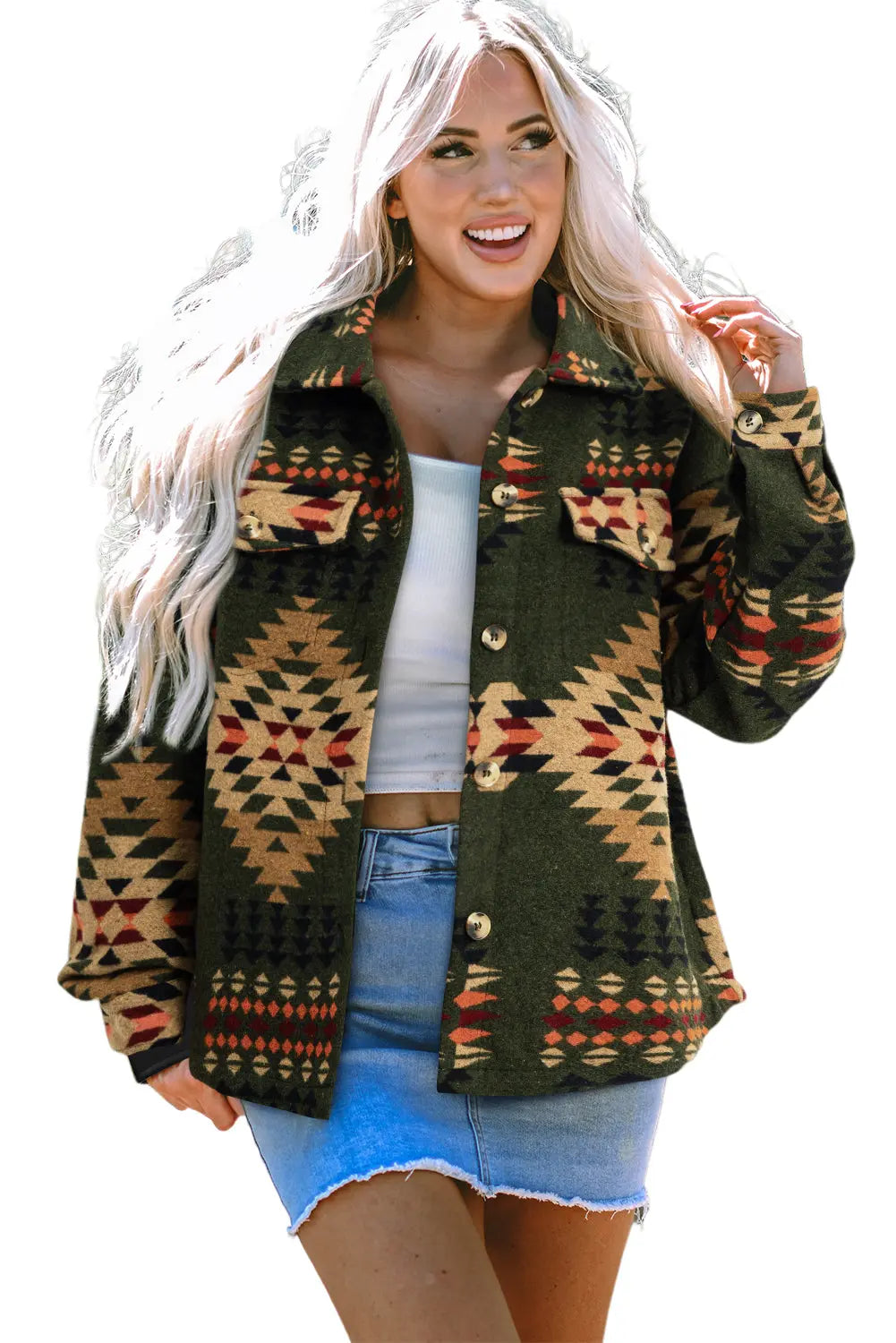 Green Aztec Print Flap Pockets Long Sleeve Shacket eAura