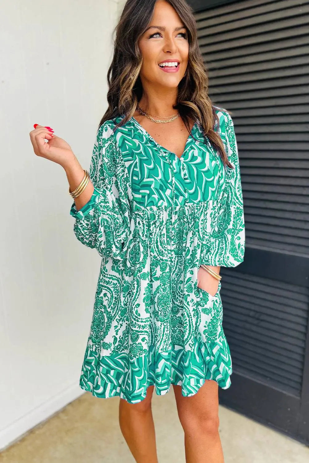 Green Bohemian Print Puff Sleeve Tied V Neck Flared Mini Dress - BB Fashion Outlet