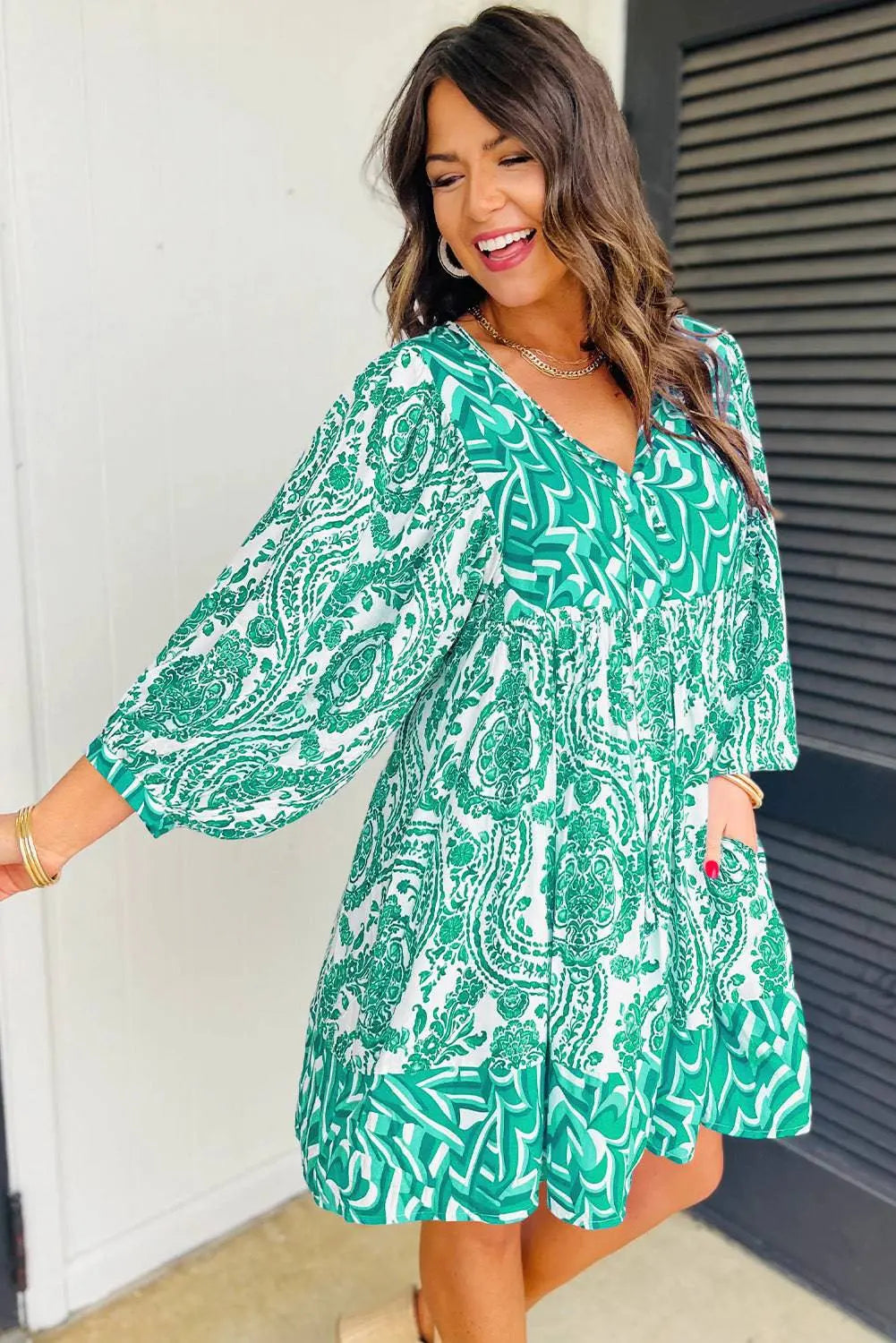 Green Bohemian Print Puff Sleeve Tied V Neck Flared Mini Dress - BB Fashion Outlet
