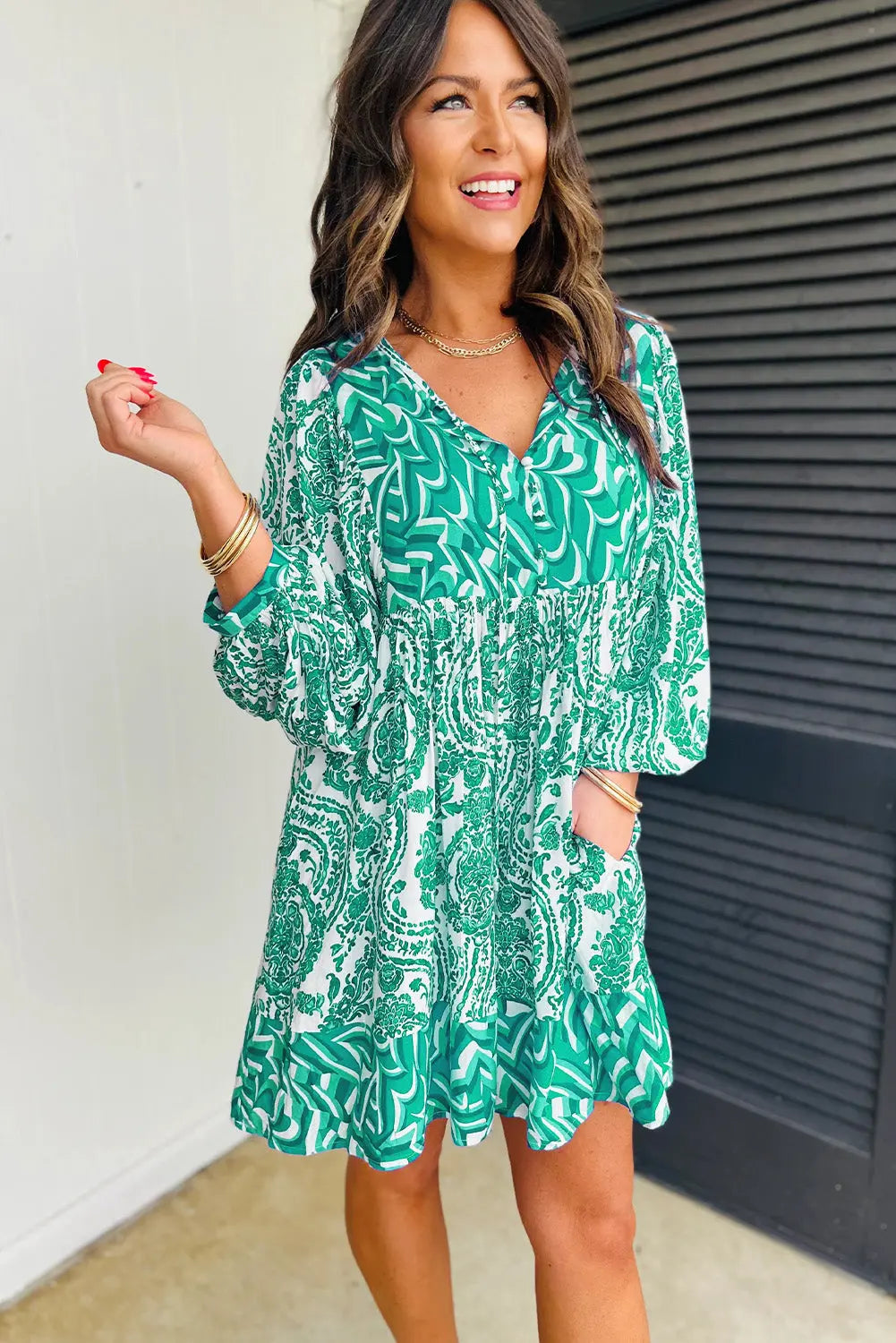 Green Bohemian Print Puff Sleeve Tied V Neck Flared Mini Dress - BB Fashion Outlet
