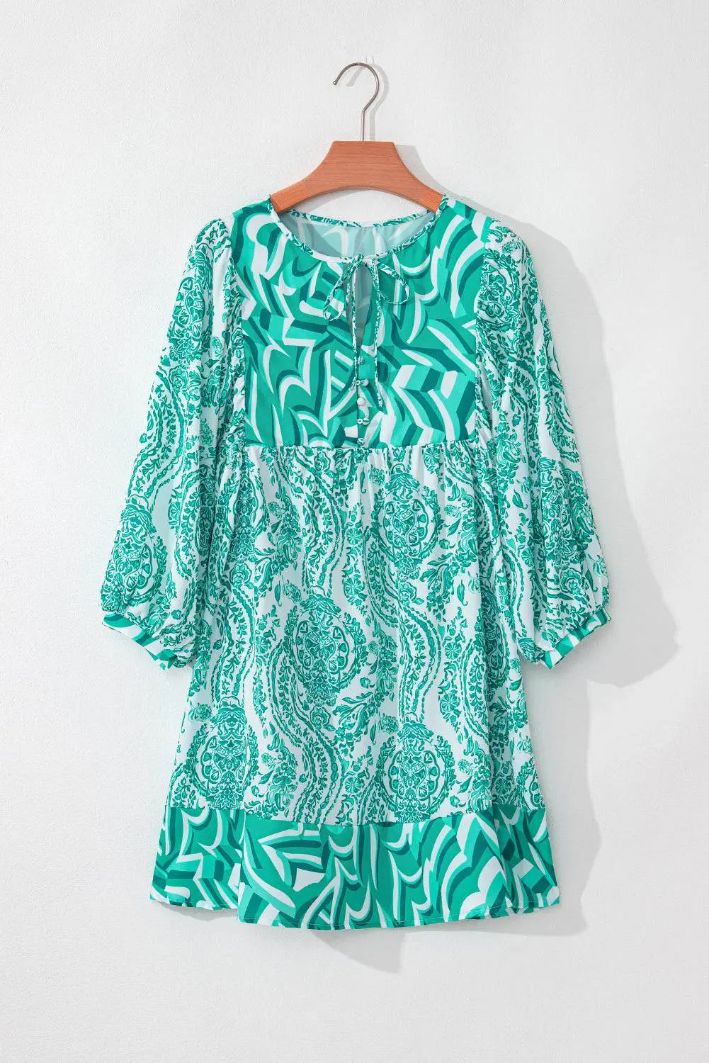 Green Bohemian Print Puff Sleeve Tied V Neck Flared Mini Dress - BB Fashion Outlet