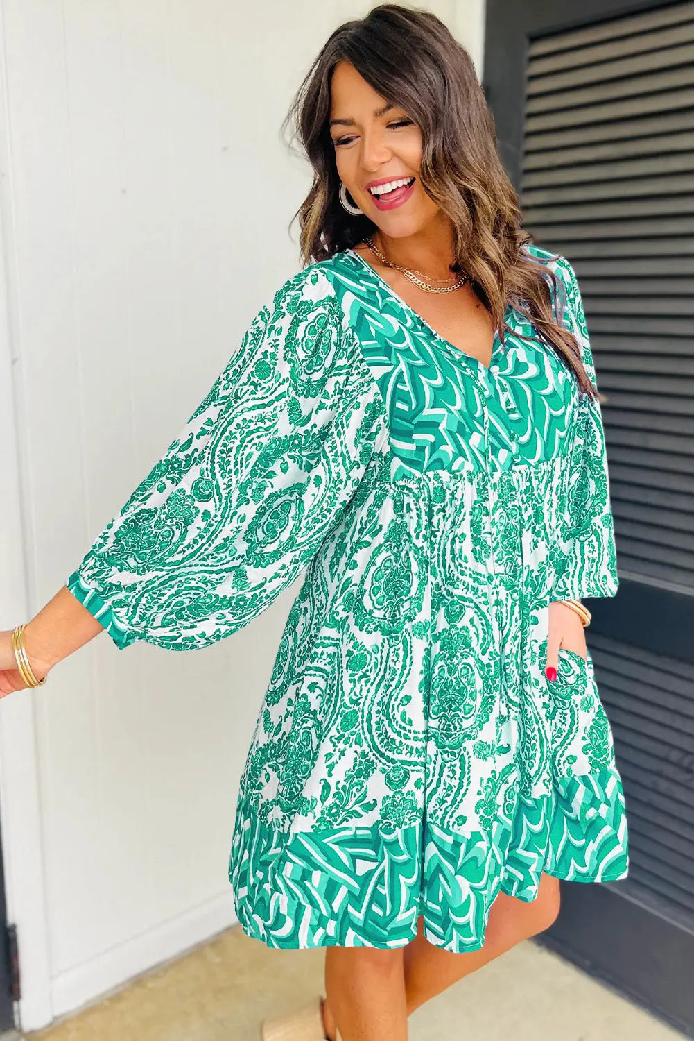 Green Bohemian Print Puff Sleeve Tied V Neck Flared Mini Dress - BB Fashion Outlet