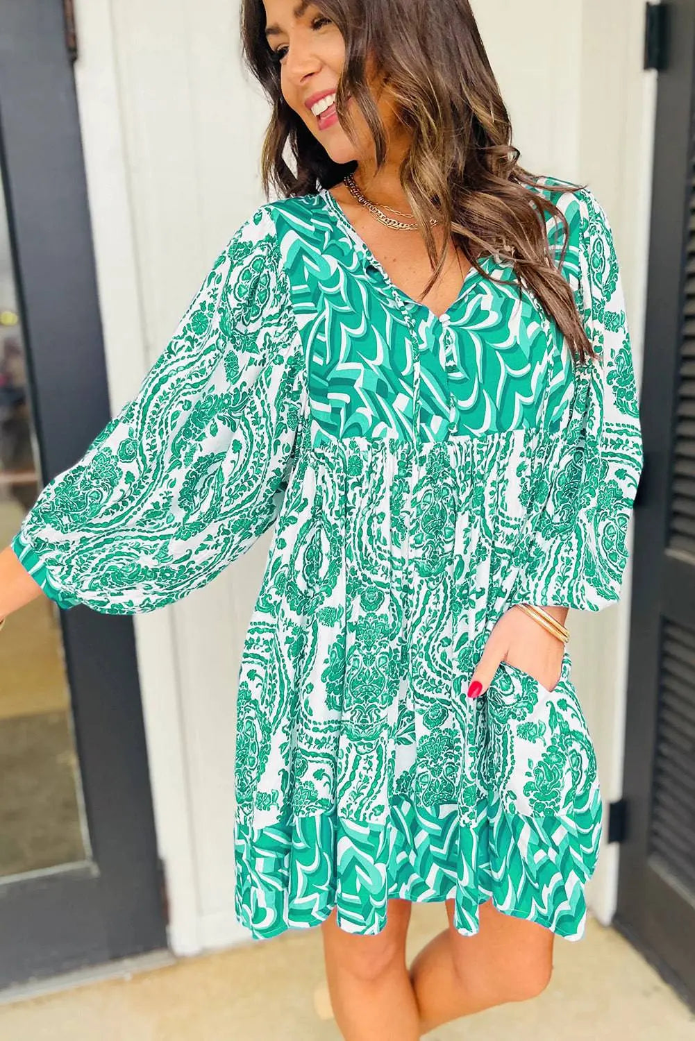 Green Bohemian Print Puff Sleeve Tied V Neck Flared Mini Dress - BB Fashion Outlet