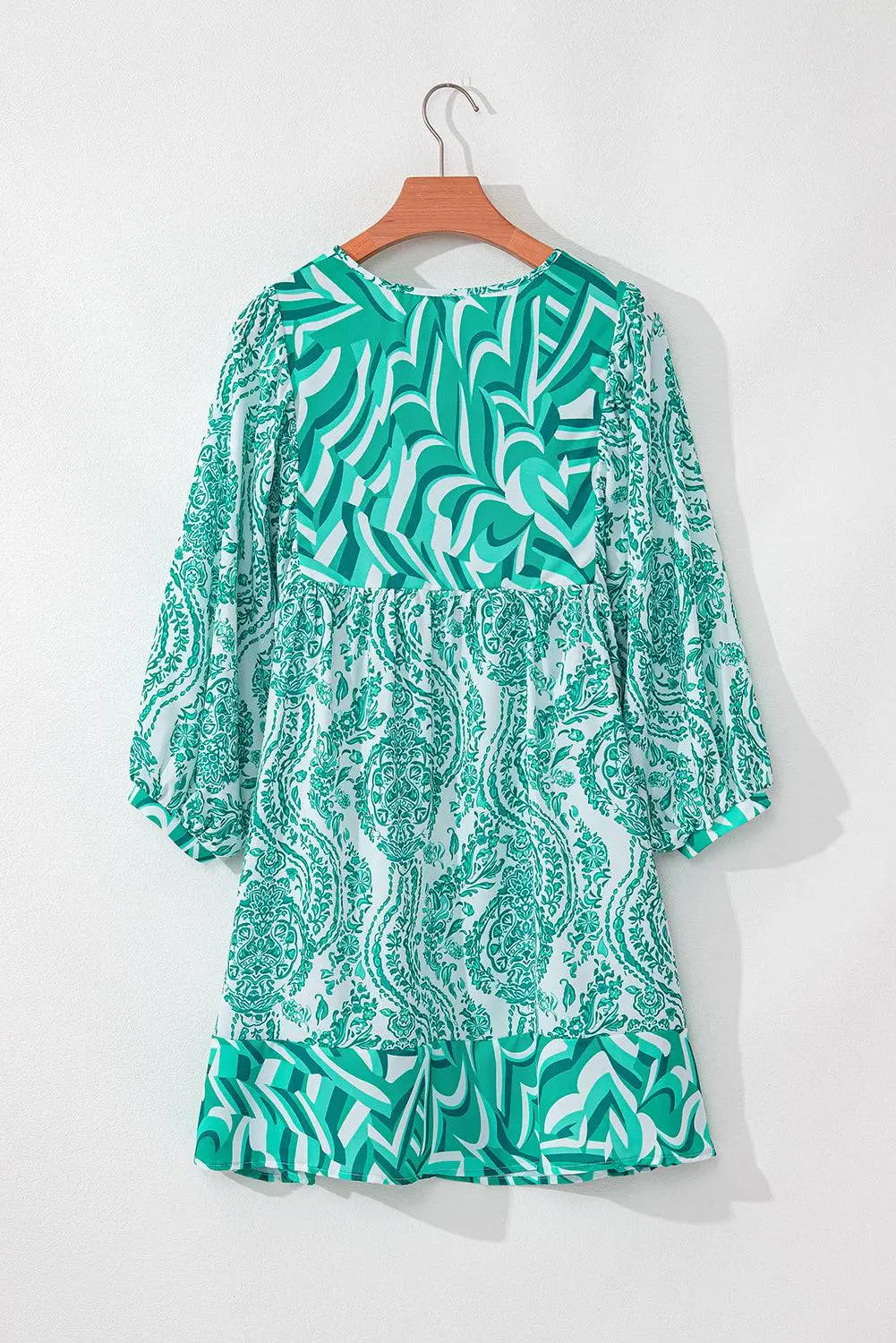 Green Bohemian Print Puff Sleeve Tied V Neck Flared Mini Dress - BB Fashion Outlet