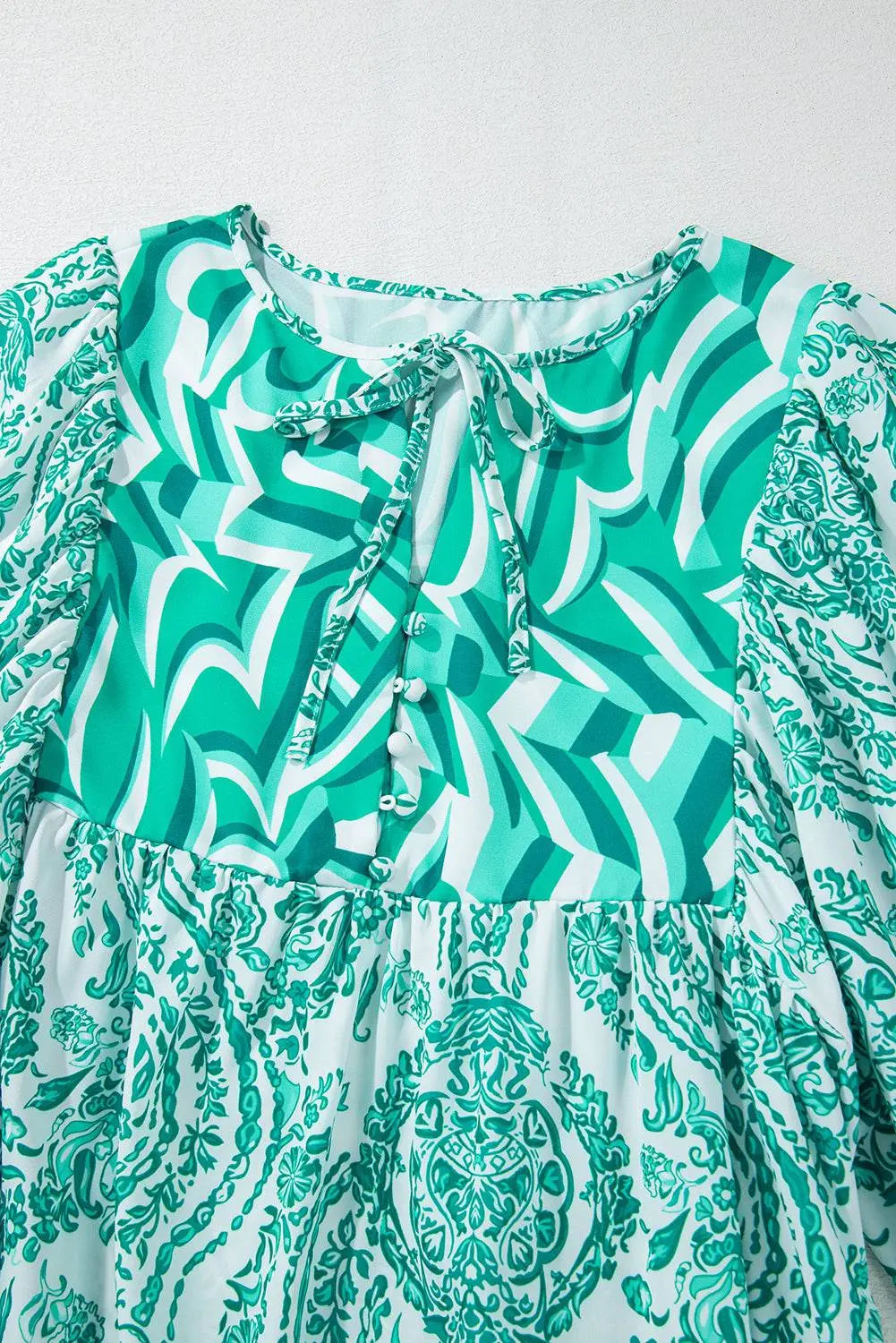 Green Bohemian Print Puff Sleeve Tied V Neck Flared Mini Dress - BB Fashion Outlet