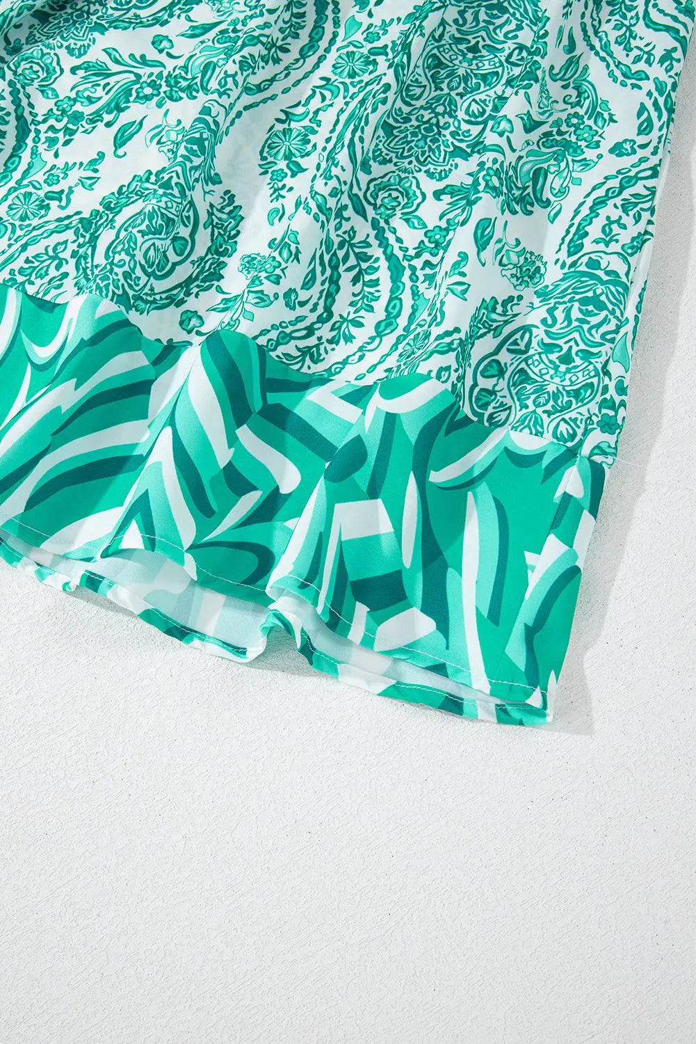Green Bohemian Print Puff Sleeve Tied V Neck Flared Mini Dress - BB Fashion Outlet