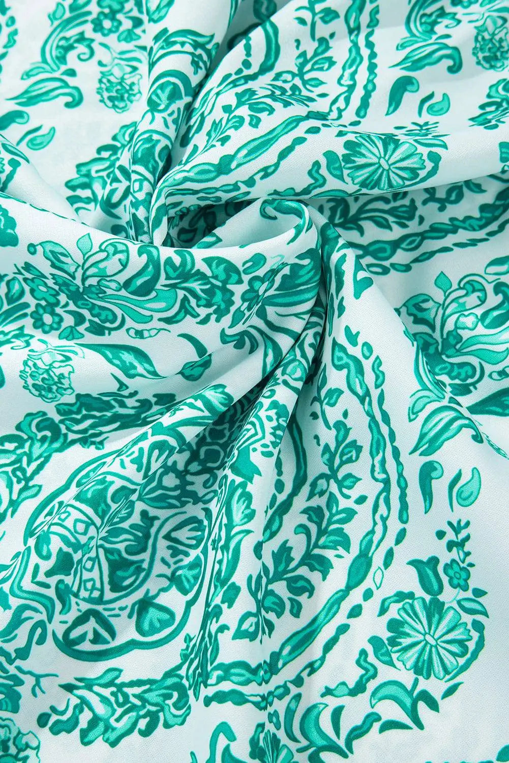 Green Bohemian Print Puff Sleeve Tied V Neck Flared Mini Dress - BB Fashion Outlet
