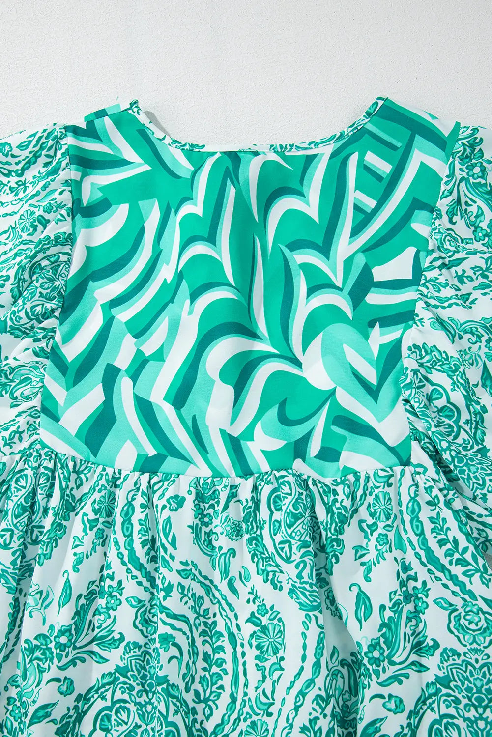 Green Bohemian Print Puff Sleeve Tied V Neck Flared Mini Dress - BB Fashion Outlet