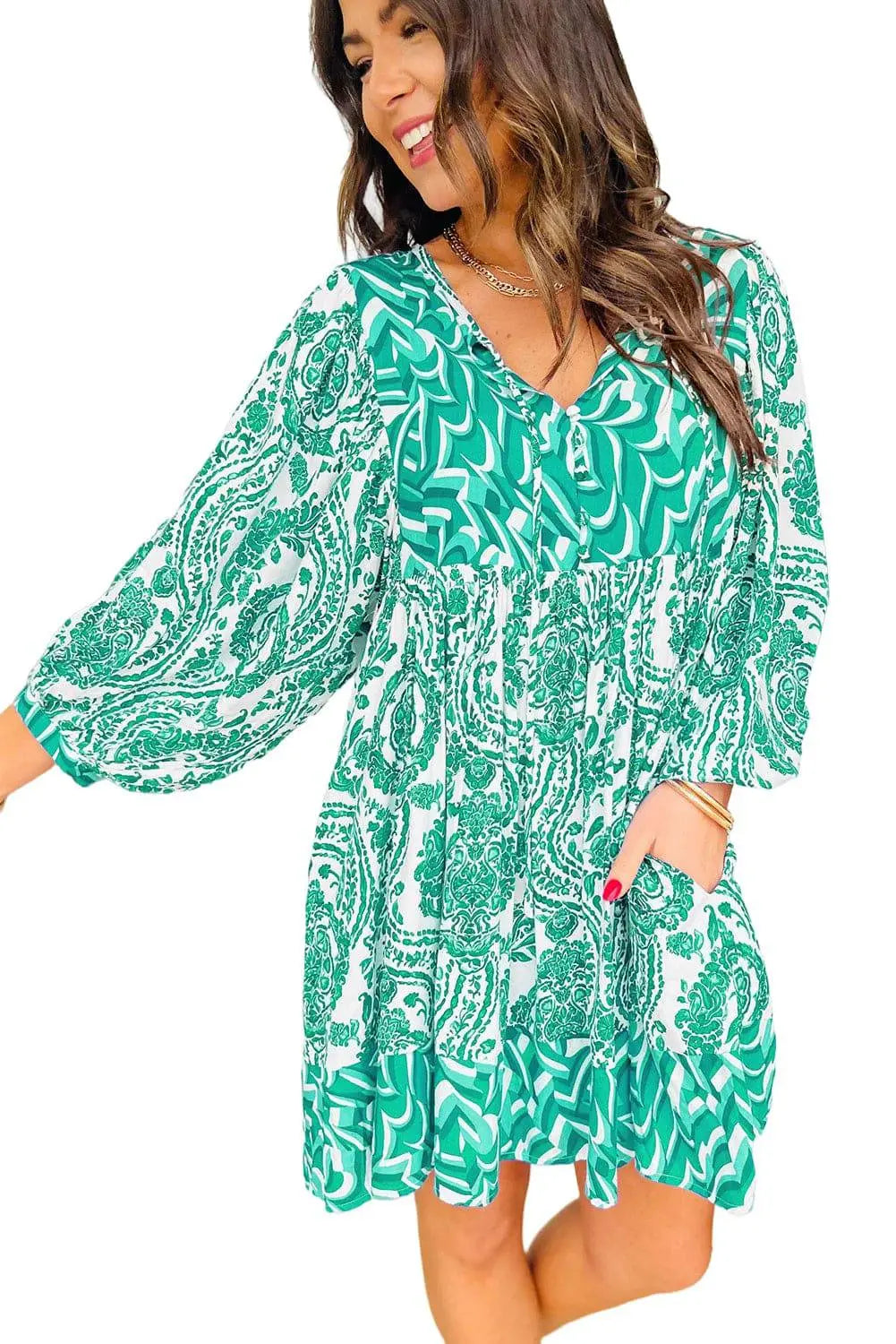 Green Bohemian Print Puff Sleeve Tied V Neck Flared Mini Dress - BB Fashion Outlet
