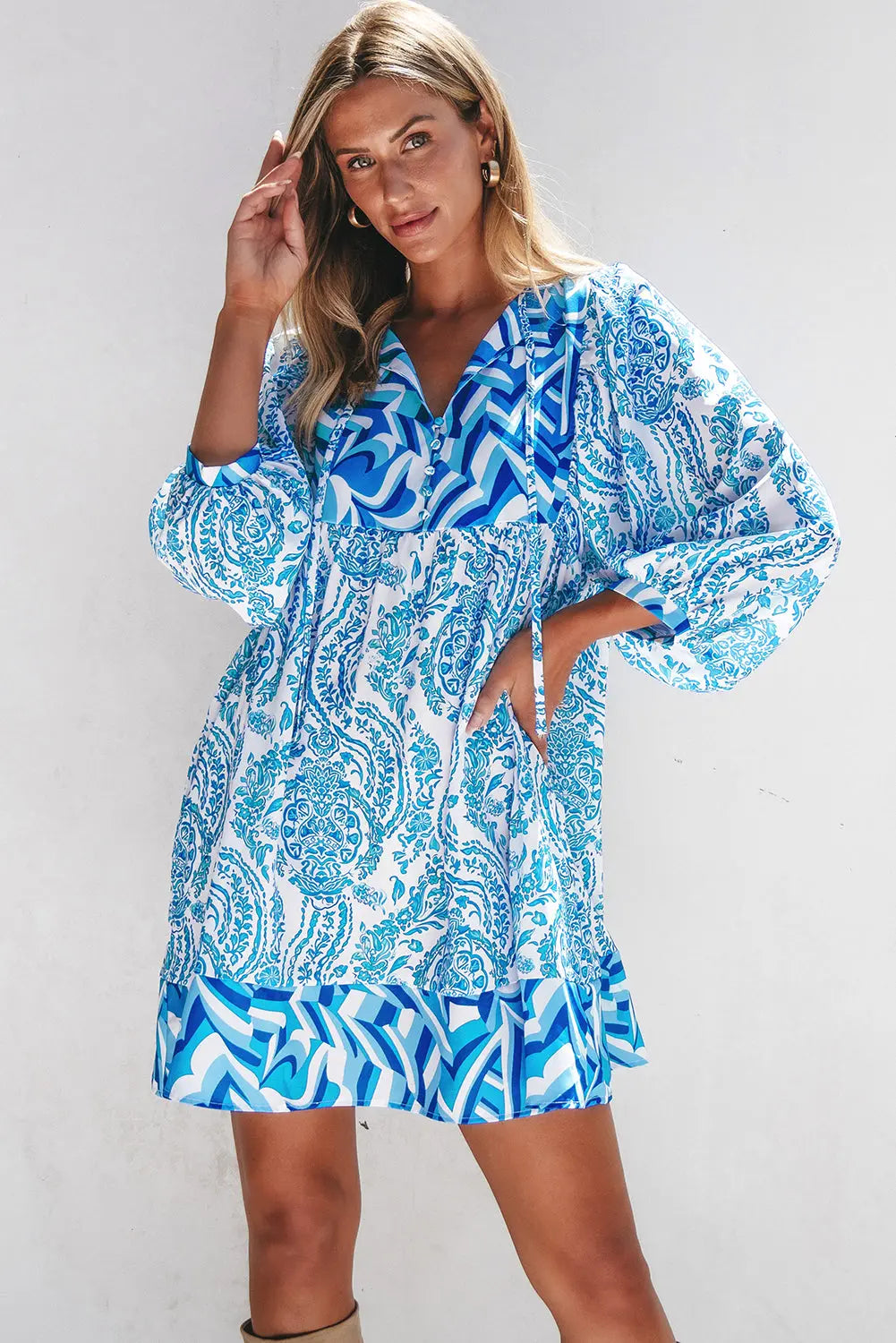 Green Bohemian Print Puff Sleeve Tied V Neck Flared Mini Dress - BB Fashion Outlet