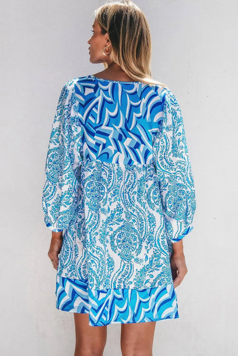Green Bohemian Print Puff Sleeve Tied V Neck Flared Mini Dress - BB Fashion Outlet