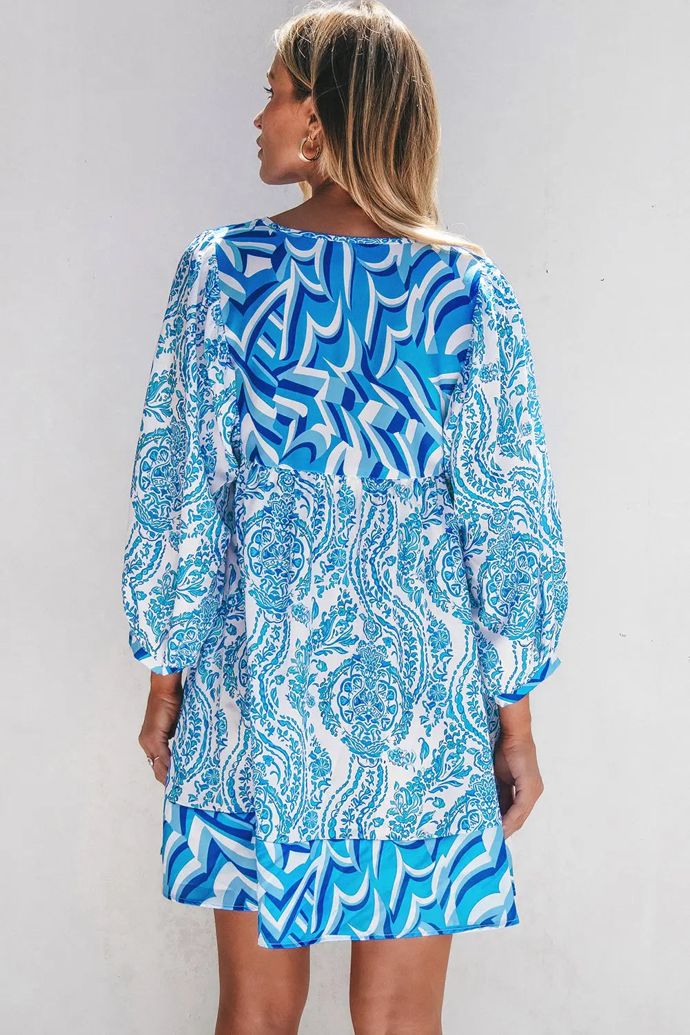 Green Bohemian Print Puff Sleeve Tied V Neck Flared Mini Dress - BB Fashion Outlet