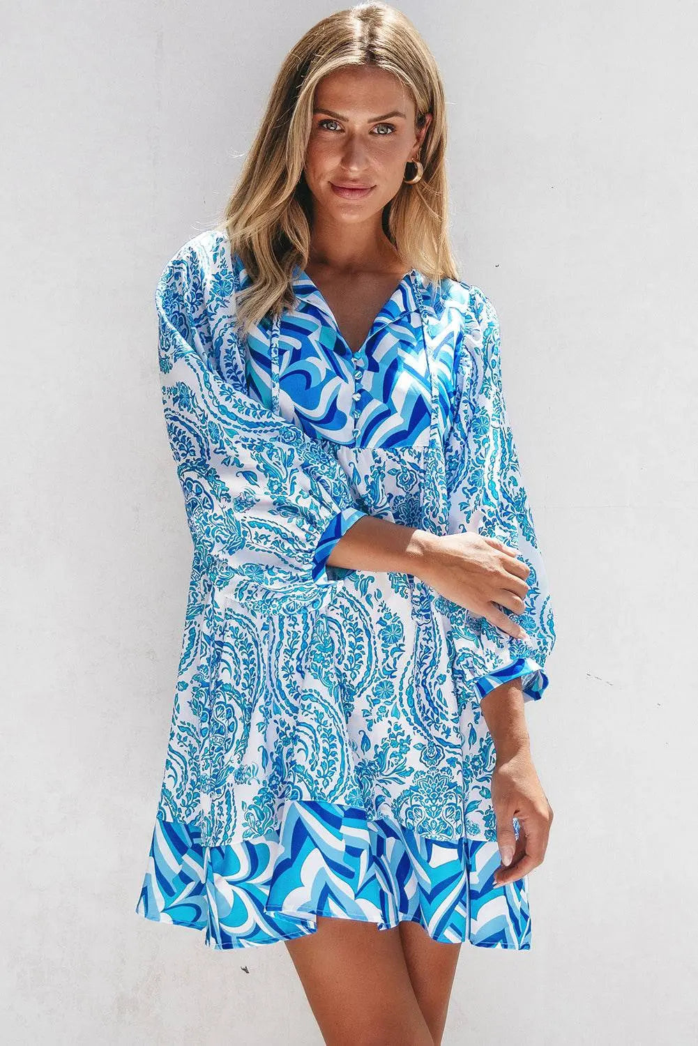 Green Bohemian Print Puff Sleeve Tied V Neck Flared Mini Dress - BB Fashion Outlet