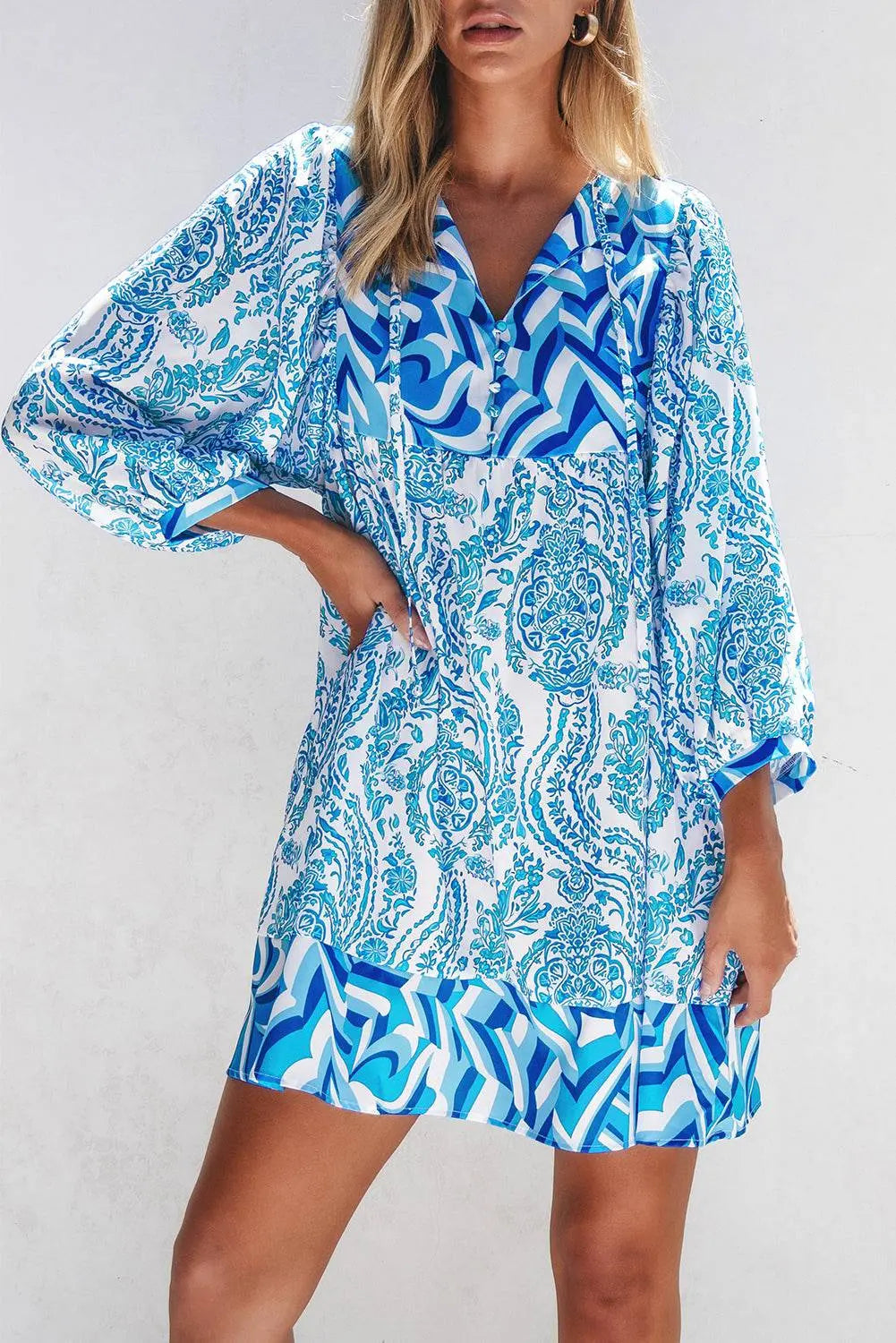 Green Bohemian Print Puff Sleeve Tied V Neck Flared Mini Dress - BB Fashion Outlet