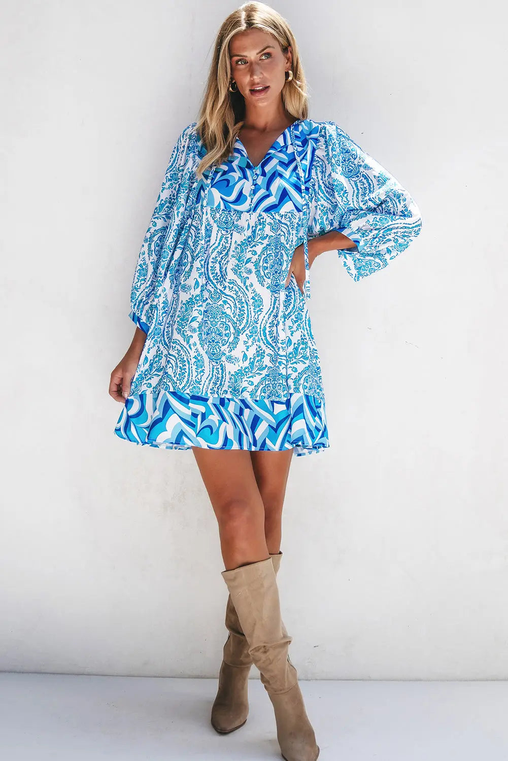 Green Bohemian Print Puff Sleeve Tied V Neck Flared Mini Dress - BB Fashion Outlet