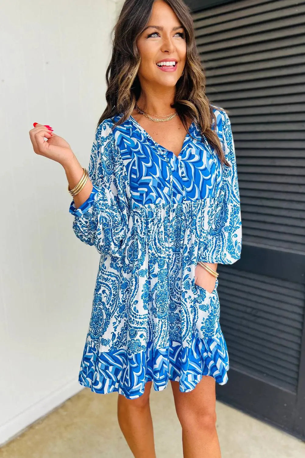 Green Bohemian Print Puff Sleeve Tied V Neck Flared Mini Dress - BB Fashion Outlet