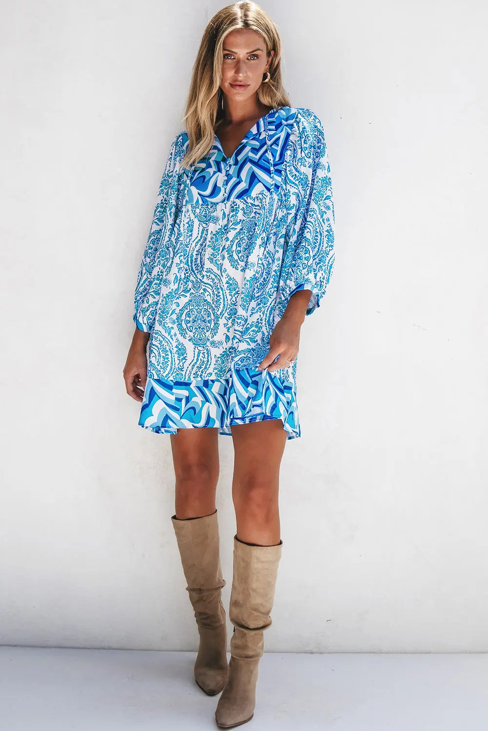 Green Bohemian Print Puff Sleeve Tied V Neck Flared Mini Dress - BB Fashion Outlet