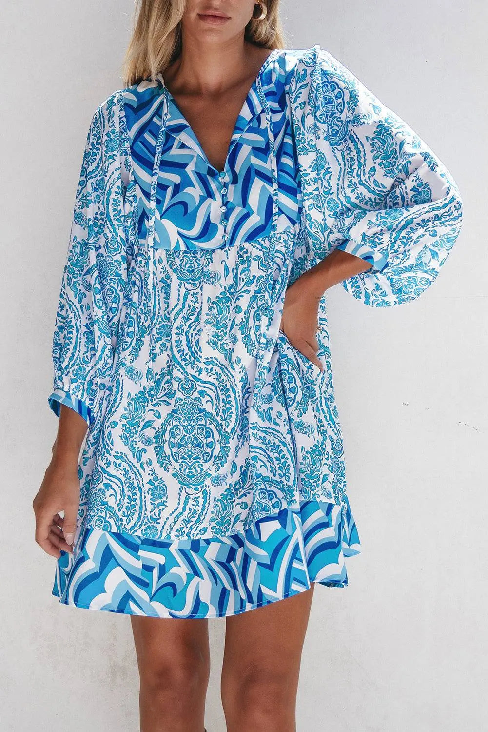 Green Bohemian Print Puff Sleeve Tied V Neck Flared Mini Dress - BB Fashion Outlet