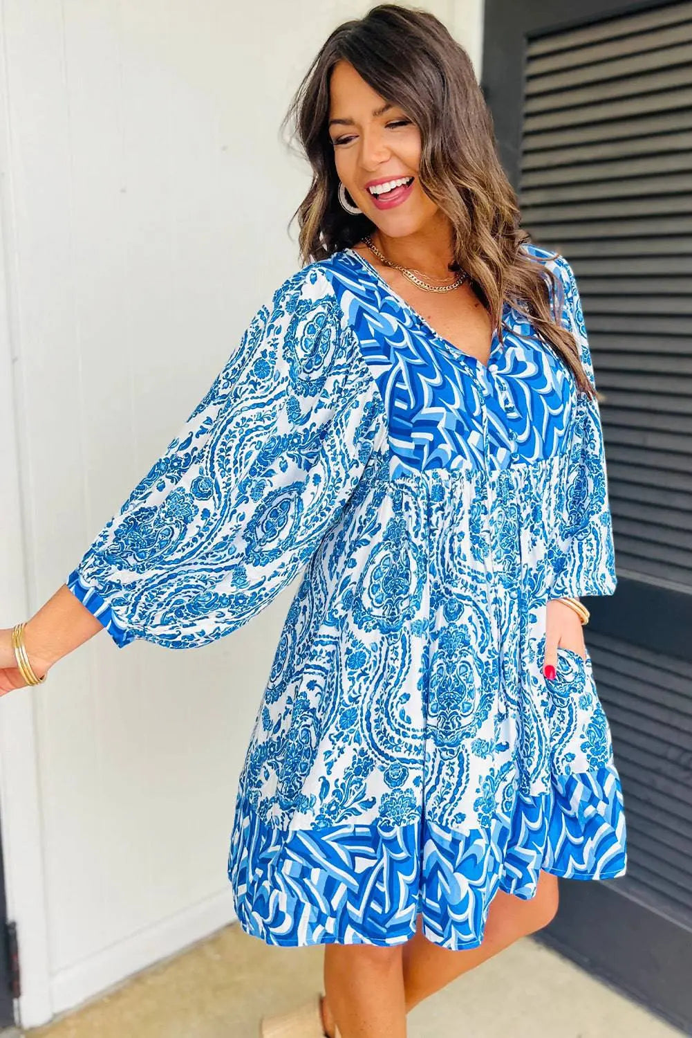 Green Bohemian Print Puff Sleeve Tied V Neck Flared Mini Dress - BB Fashion Outlet
