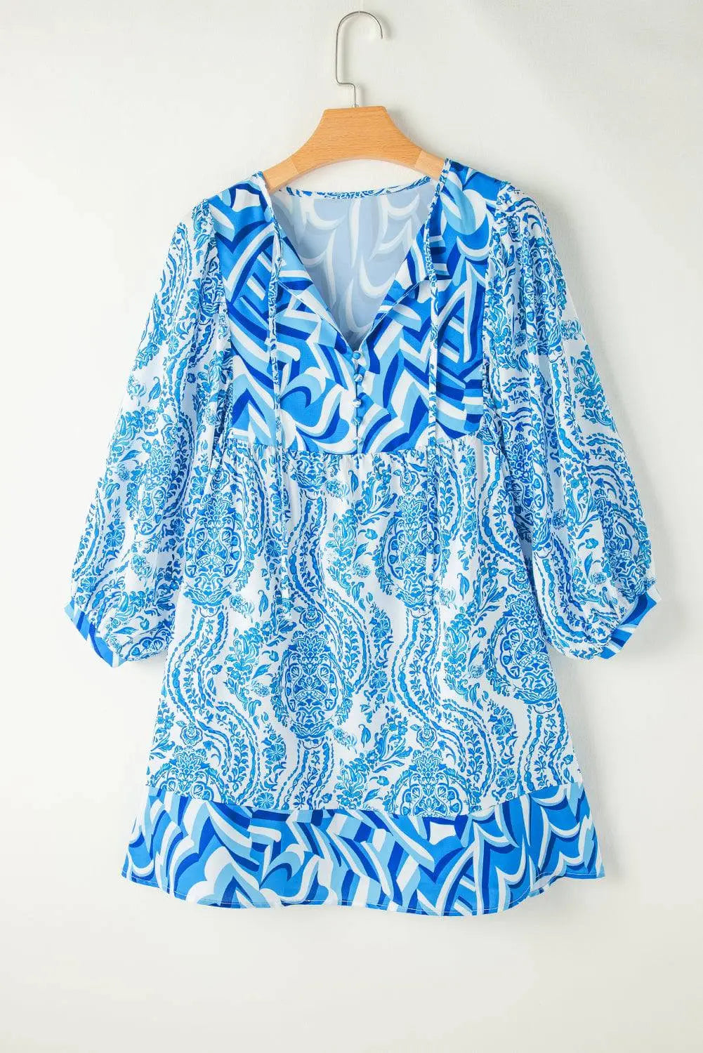 Green Bohemian Print Puff Sleeve Tied V Neck Flared Mini Dress - BB Fashion Outlet